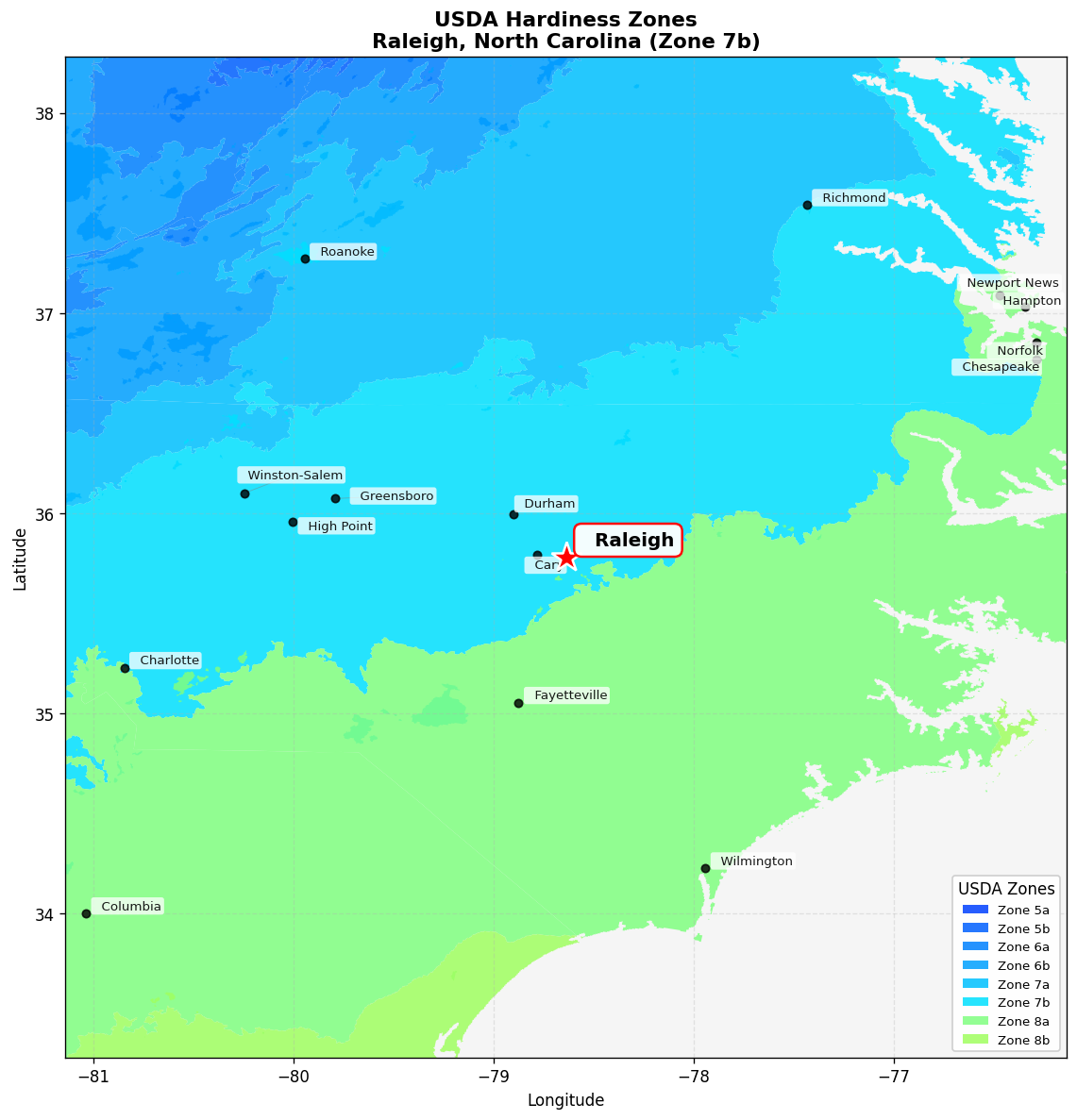 USDA Hardiness Zone Map for Raleigh, NC